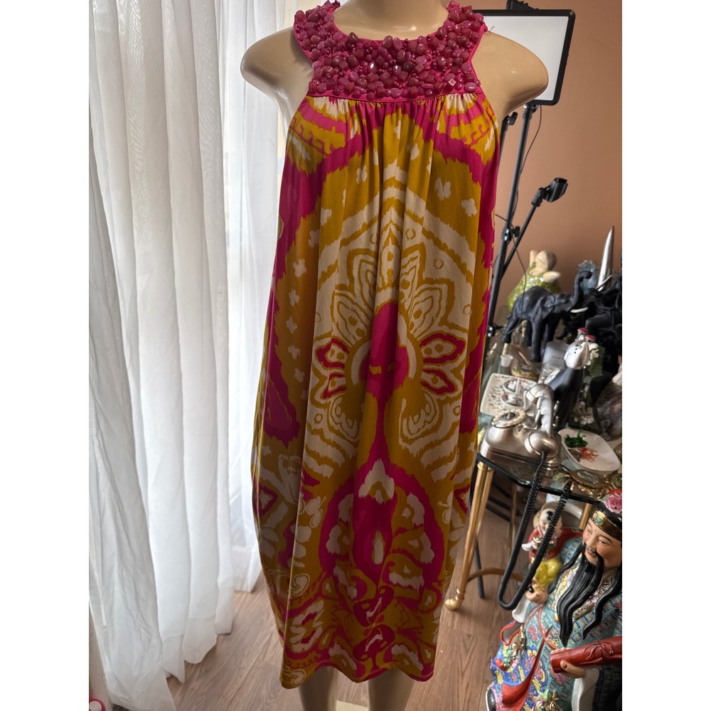 INC International Concepts Woman Pink Yellow Ikat Beaded Halter Dress 2X